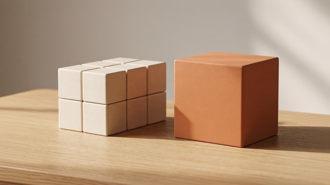 A tight block of eight small identical cream ceramic cubes on an oak surface, beside one much larger terracotta cube